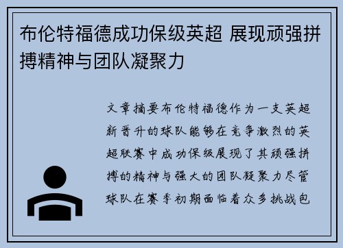 布伦特福德成功保级英超 展现顽强拼搏精神与团队凝聚力